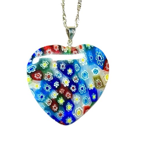 Vintage 18K GP Murano Venini Millefiori Art Glass Pendant Jewelry Necklace Heart