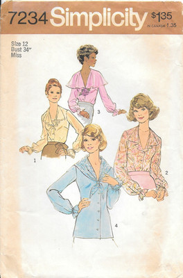 Vintage 1975 Simplicity Sewing Pattern # 7234 Misses' Blouses Size: 12 Bust: 34''