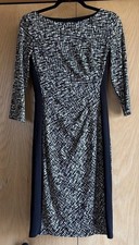 LAUREN RALPH LAUREN Black White RUCHED SIDES 3/4 Sleeves MIDI SHEATH DRESS Sz 2