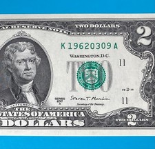 1962 March 9 (K 19620309 A) BIRTHDAY Serial Number $2 Two Dollar Bill *UNC*