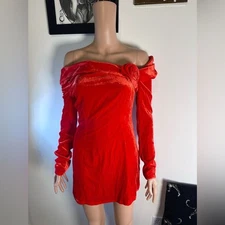 Mirae Scarlette Dress in Red velvet long sleeve off shoulder mini asymetrical