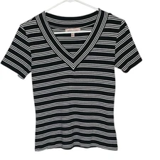PHILOSOPHY NAVY BLUE WHITE STRIPED V-NECK SHORT SLEEVE SHIRT SMALL