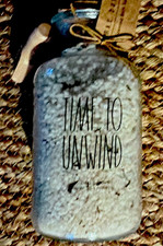 Rae Dunn TIME TO UNWIND Scented Bath Salts Glass Jar Cork Lid Scoop 23.9 oz