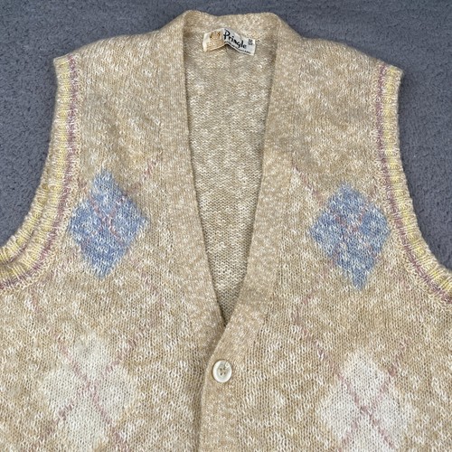 Vintage Pringle Of Scotland Cardigan Sweater Vest Mens Medium Beige Argyle Wool - Picture 2 of 9