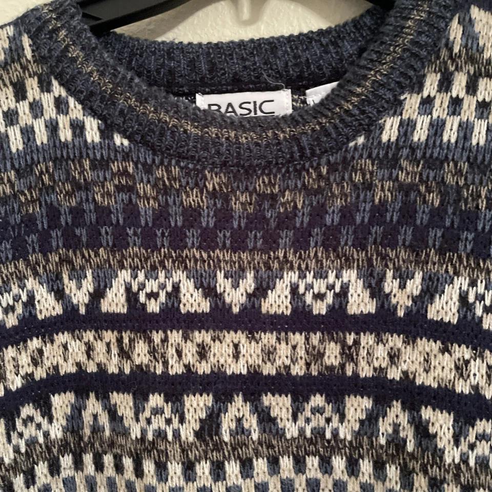 Vintage 90s Sweater Mens Basic Editions Knitted Grandpa Blue Gray L Large - Image 2 of 4