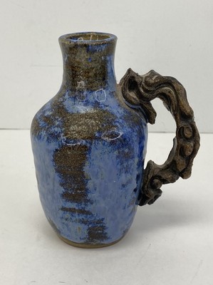 E+J Adams Studio Pottery Blue Mini Pitcher / Vase w/ Wrapped Vine Handle 4.5 