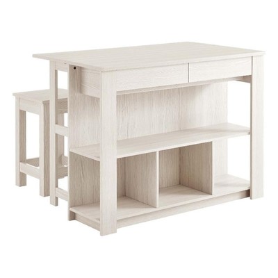 Meadowbrook3-Piece Kitchen Island and Stool Set in White Maple