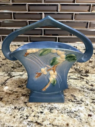 Roseville Snowberry Blue Ceramic Basket Vase