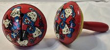 2 Vintage Tin Noise Maker Rattle W/ Wood Handle- New Years Eve Party Children