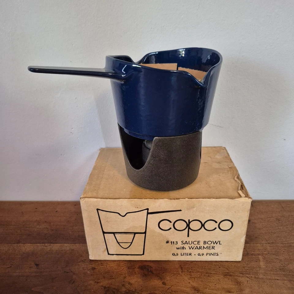 NEW in box Vtg COPCO Blue Enamel Cast Iron Michael Lax Sauce Warmer 113 / .5 L - Image 3 of 4