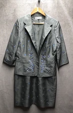 Travis Ayers Dress And Jacket Size 10 Gray Embroidered Flowers 100% Silk