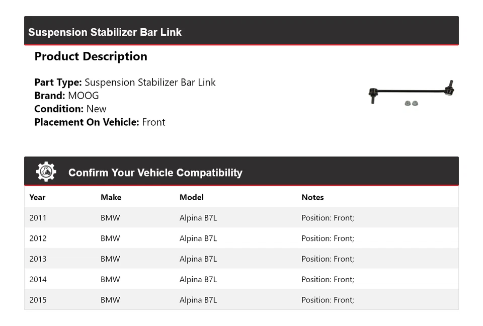 Barra estabilizadora de suspensión delantera MOOG 2011-2015 BMW ALPINA B7L 2011 2012 Foto 2 de 4
