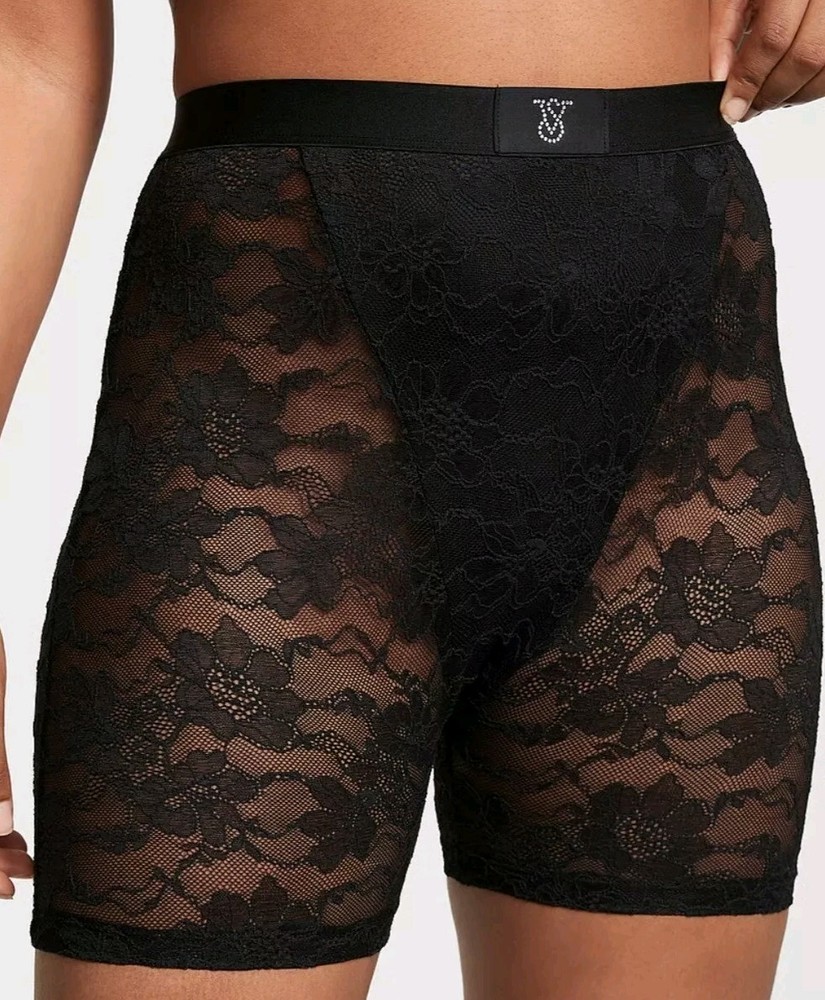 Victoria's Secret Very Sexy Monogram Shine Lace Boxer Brief Shorts XL in Black