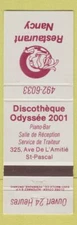 Matchbook Cover - Restaurant Nancy Disco Odyssee 2001 St Pascal QC