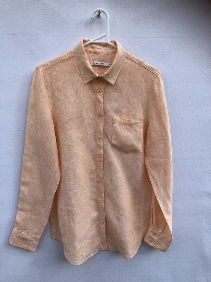 🌟 SPORTSCRAFT 100%  LINEN ORANGE White Marle sHIRT BLOUSE SZ 10 S