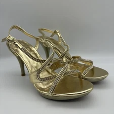 Delicacy Angel Womens Strappy Rhinestone Dress Sandal High Heel Shoes Gold  10