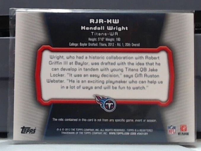 2012 TOPPS KENDALL WRIGHT ROOKIE JERSEY #RJR-KW TITANS MSK - Image 2 of 2