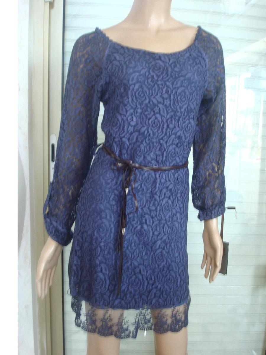 ROBE TUNIQUE VOILE ET DENTELLE BLEU MARINE CEINTURE NEUVE T 38