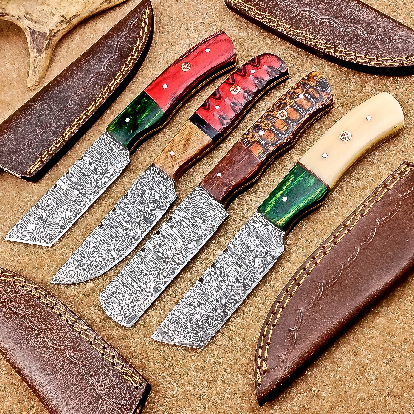 4 Pcs Damascus Blade Skinner Knives Set | 8
