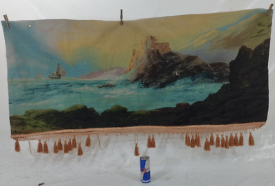 Vintage französisches schönes Aquarell Meerblick Szene Wandbehang Wandteppich 146x65 cm