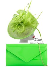 Lime Green Fascinator & Evening Clutch bag Set Women Headband Clip Hat Wedding