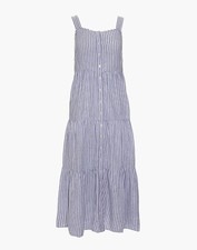 Madewell Linen Blend Button Front Tiered Midi Dress Stripe Blue White Size XXS