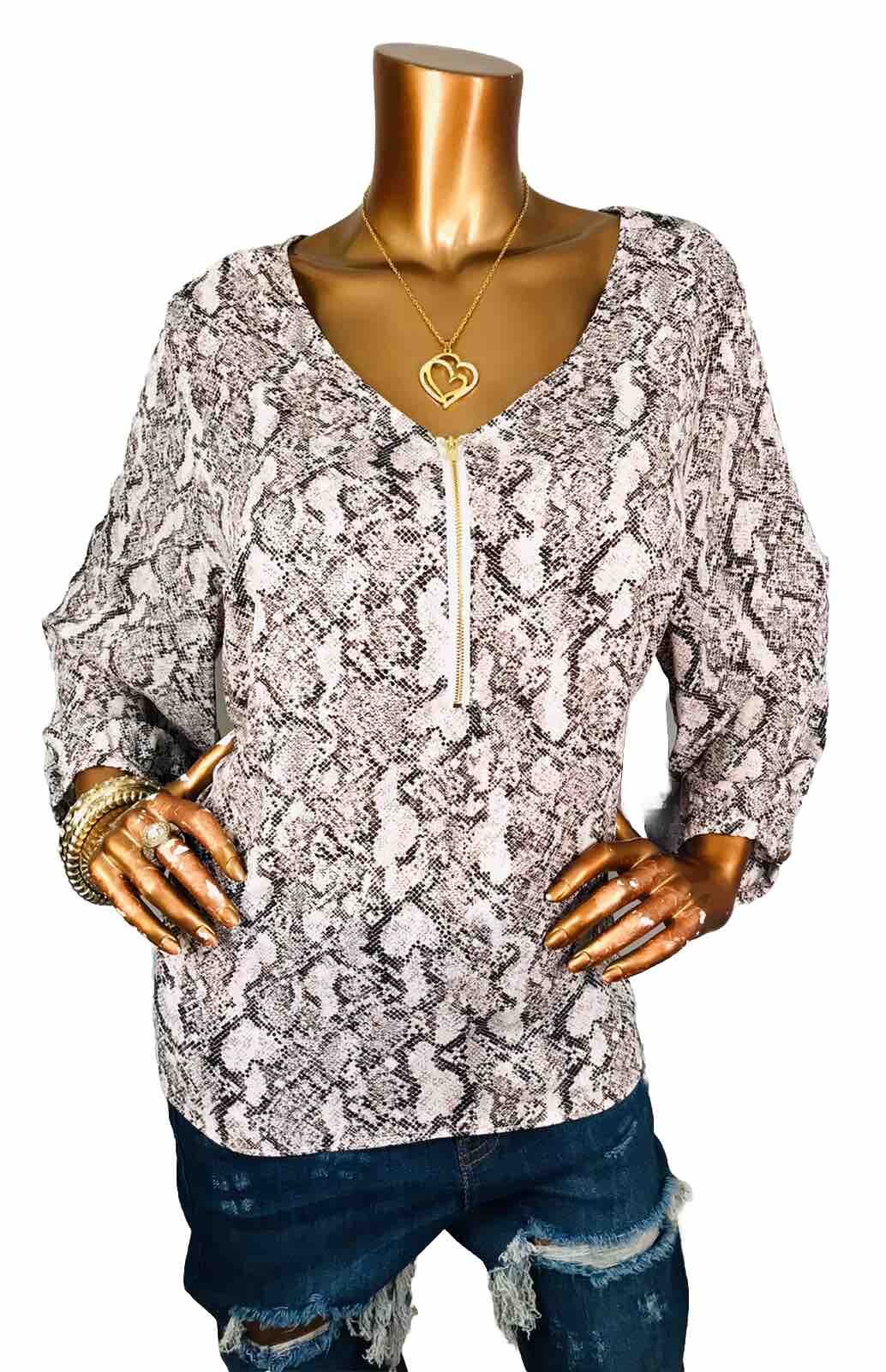 Bold Elements 1X Plus Top NWT $49 Animal Snake Print Low V Cut 1/2 Zip Up Shirt
