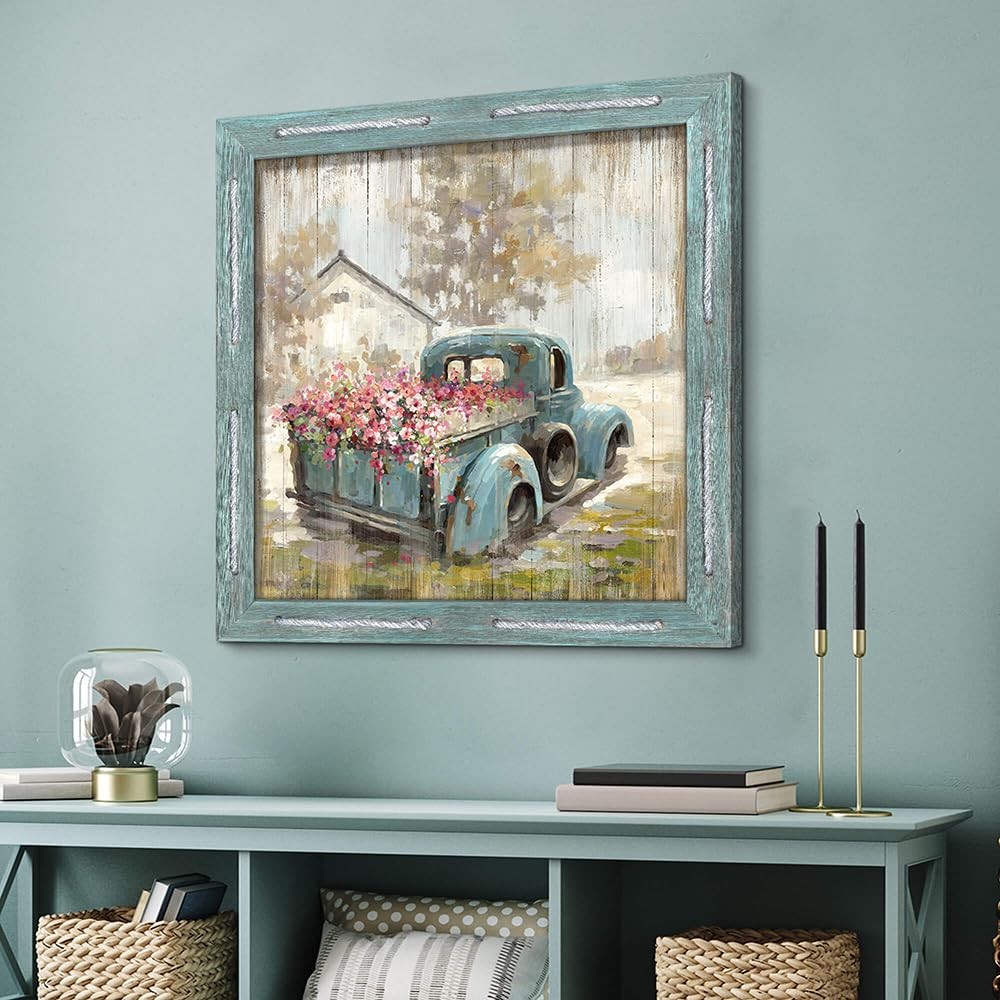 Farm Truck Wall Art Framed: Rustic Farmhouse Picture Country Scene Wood Paint...