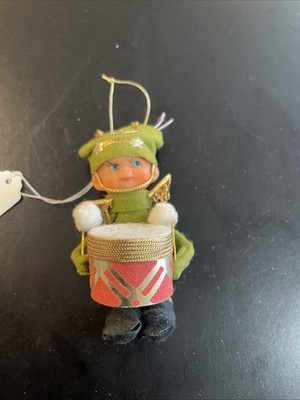 Vintage Pixie Elf Drummer Boy Ornament 4.5'' Japan Felt Blue Eyes green clothes