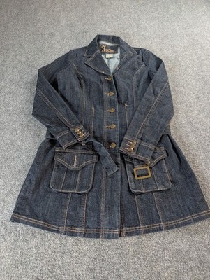 JouJou Premium Denim Trench Coat Jacket Women s Large Belted Dark Wash Y2K Vtg