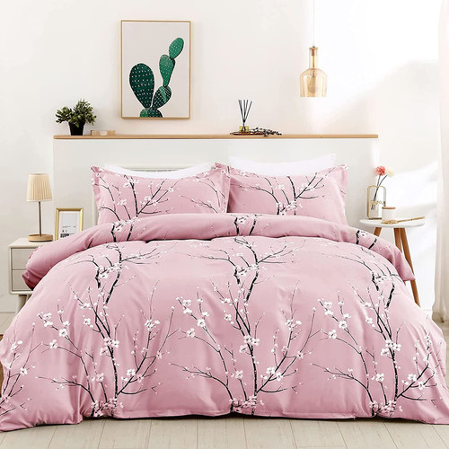 Floral Duvet Cover Set King, Pink Flower Plum Pattern Comforter Cover Set wit...