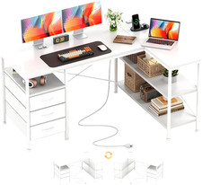 120cm Corner Desk with Drawers, Reversible L shaped Computer Desk with Power Out