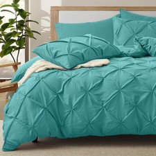 5 Piece Pinch Pleated Duvet Cover Full/Queen Size Set, Teal Pintuck Duvet Cov...