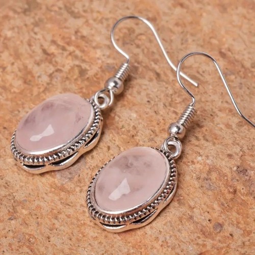 Oval Rosa Rosenquarz Stein Silber Ohrhänger Vintage Stil Strukturiert - Bild 4 von 6