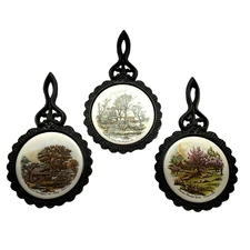 Cast Aluminum Ceramic Tile Trivet Currier & Ives Vintage Mid State USA Set of 3