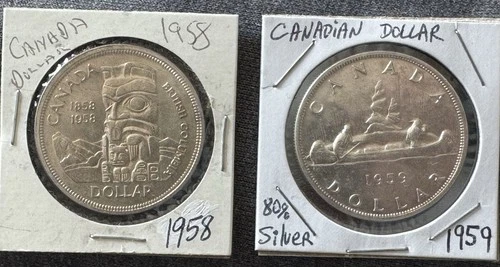 1958 & 1959 Canada Silver Dollars AU BU 80% Silver. Lot Of (2) two coins.