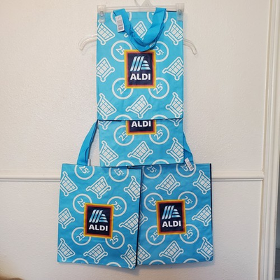 #ad #ad Aldi Tote Bags Reusable Expandable Grocery Lot Of 4 Spellout Logo All Over $12.75