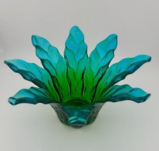 Murano Style Floral Pedal Art Glass Dish Turquoise & Green Flower Leaf Bowl