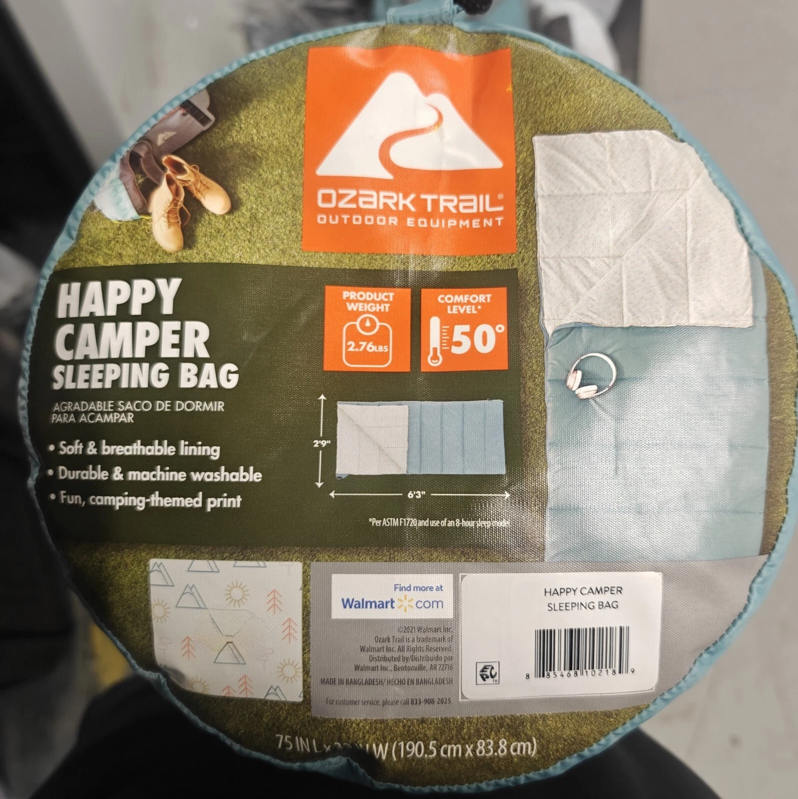 Ozark Trail Happy Camper 50 Degree Lined Sleeping Bag 75x33 Warm Weather NEW