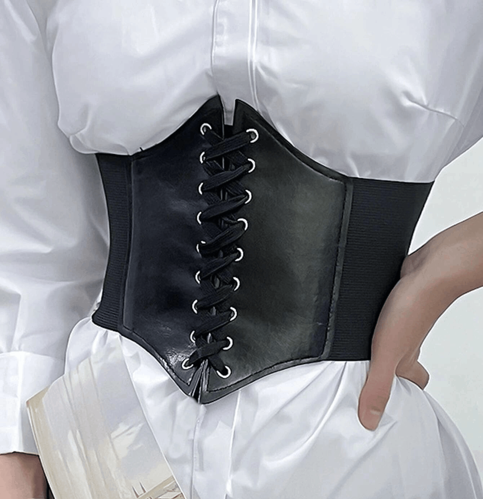 Wide Lace-up Elastic Corset Belt with Velcro Closure Amazon.com: GSHLLO PU Leather Wide Elastic Waist Belt Lace  main image 2
