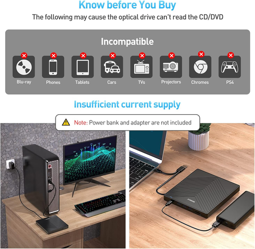 Masterizzatore DVD CD Externo, Lettore CD DVD Esterno, USB 3.0 Con 4 Porte USB E - Afbeelding 6 van 12