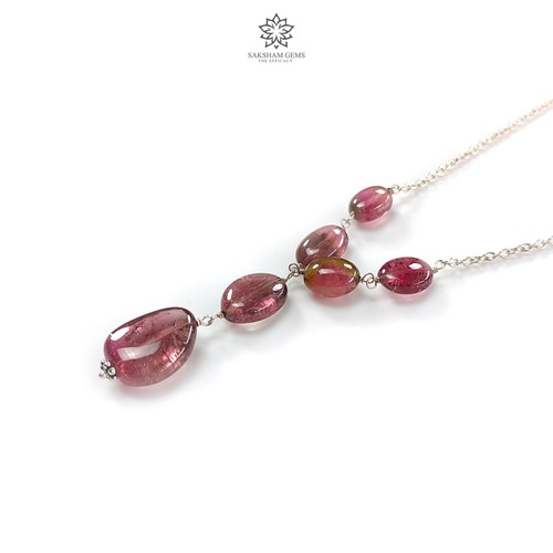 52cts Natural Pink Rubellite Tourmaline Gemstone Plain Silver Chain Necklace 22" - Picture 6 of 10