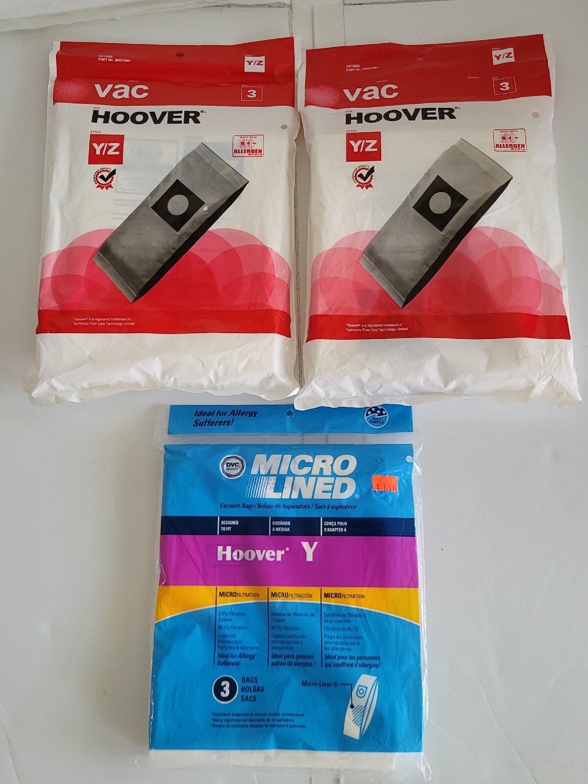 Hoover Y/Z Vacuum Cleaner Bags BUNDLE OF 2, 3 PACK, 3 Pack Micro lined