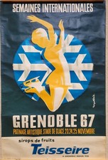 Original vintage french street poster ice skating girl GRENOBLE 1967 Teisseire