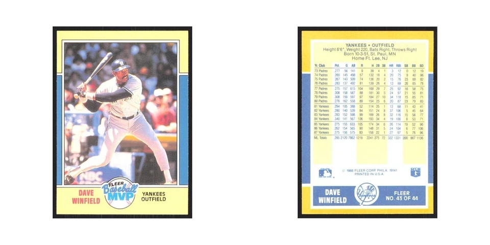 Dave Winfield 1988 Fleer Baseball MVP's #43 New York Yankees Baseball Card NM - Image 3 of 3
