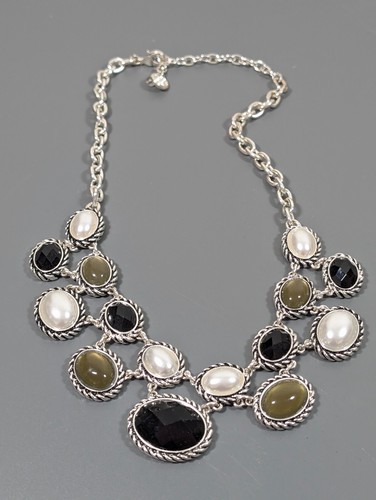 Dana Buchman Green Black Cabochon White Faux Pearl Charm Statement Necklace 19" - Picture 2 of 11