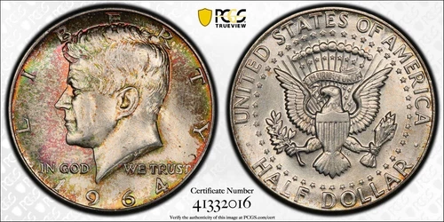 1964 Kennedy Half Dollar PCGS MS64 w/ Trueview Colorful Toning