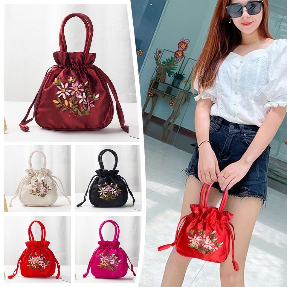 Embroidered Flower Small Bucket Bag Handmade Cosmetic Handbag Women