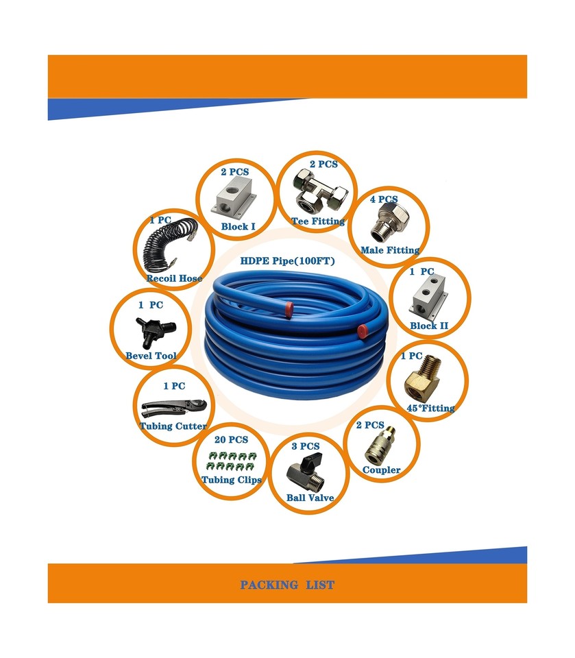 Compressed Air Line Kit, 3/4 Inch HDPEAluminum Air Piping System Air