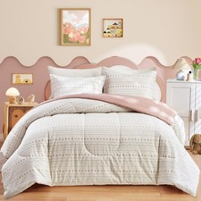 3pcs Floral Cotton Comforter Set for Girls, Pink Flower Stripes Boho Design, ...